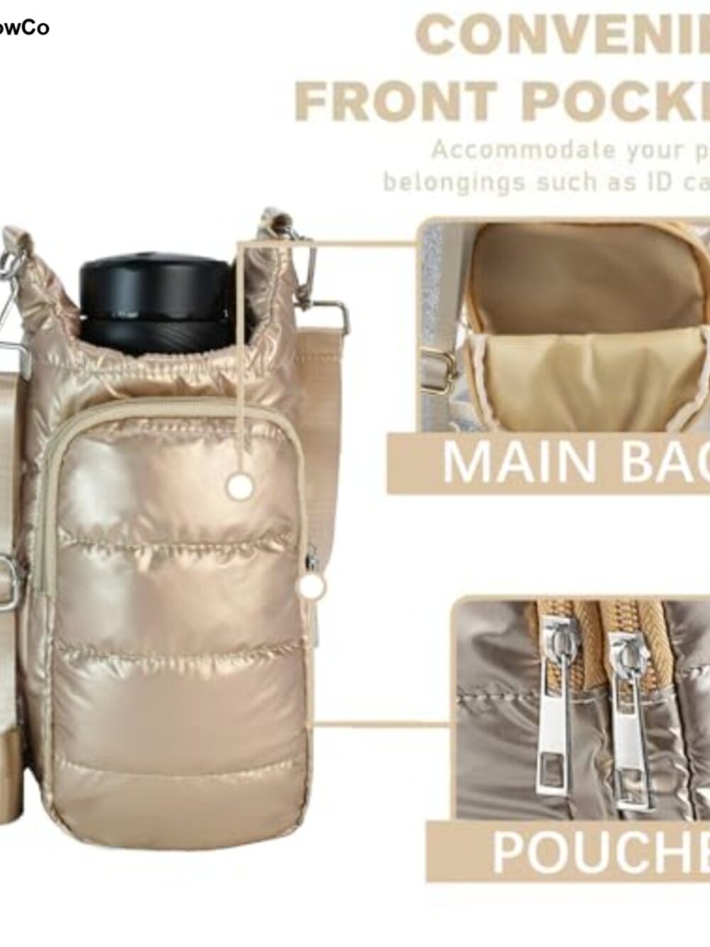 Puffer Water Bottle Holder Quilted Crossbody Bag Adjustable Strap - Picture 4 of 6